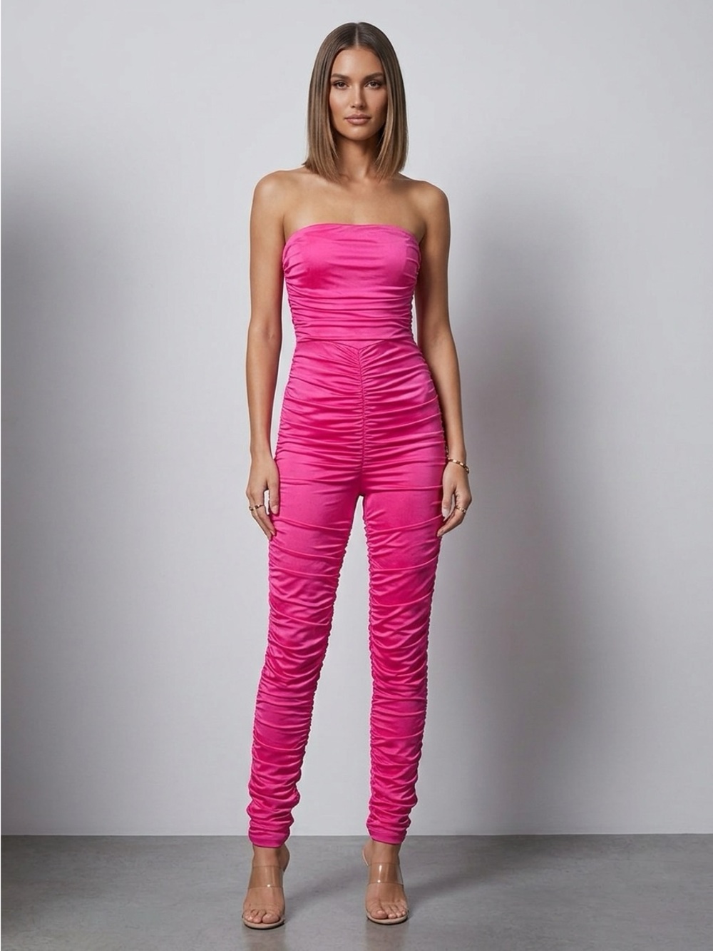 Ruched Strapless Hot Pink Jumpsuit